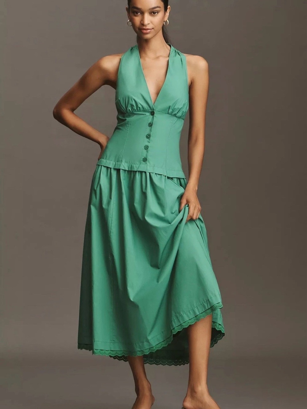 Maeve Green Halter High-Low Midi Dress
